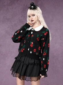 ROMWE Autumn/Winter Gothic Christmas Holly Berry Skull Jacquard Cardigan Sweater - Black - View 4