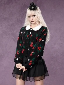 ROMWE Autumn/Winter Gothic Christmas Holly Berry Skull Jacquard Cardigan Sweater - Black - View 5