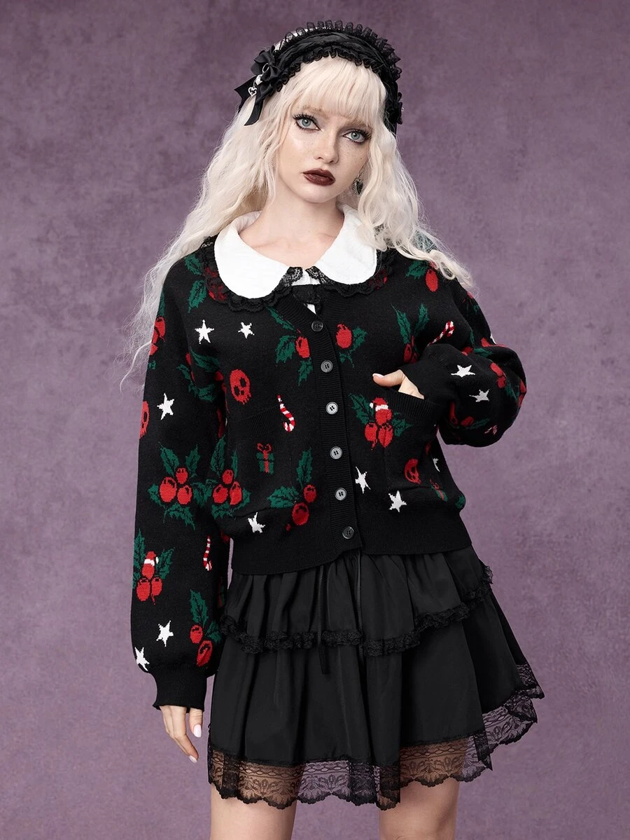 ROMWE Autumn/Winter Gothic Christmas Holly Berry Skull Jacquard Cardigan Sweater - Black - View 1