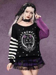 ROMWE Autumn/Winter Dark Gothic Halloween Day Of The Dead Black Cat Cross Star Moon Yin Yang Contrast Color Crew Neck Pullover Sweater - Black - View 5