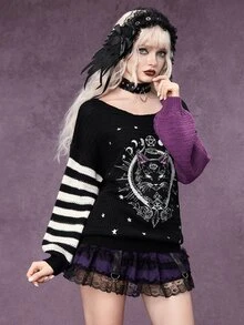 ROMWE Autumn/Winter Dark Gothic Halloween Day Of The Dead Black Cat Cross Star Moon Yin Yang Contrast Color Crew Neck Pullover Sweater - Black - View 6