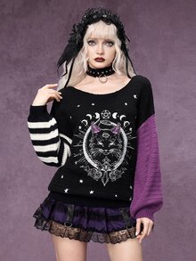 ROMWE Autumn/Winter Dark Gothic Halloween Day Of The Dead Black Cat Cross Star Moon Yin Yang Contrast Color Crew Neck Pullover Sweater - Black - View 1