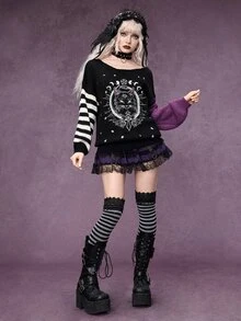ROMWE Autumn/Winter Dark Gothic Halloween Day Of The Dead Black Cat Cross Star Moon Yin Yang Contrast Color Crew Neck Pullover Sweater - Black - View 7