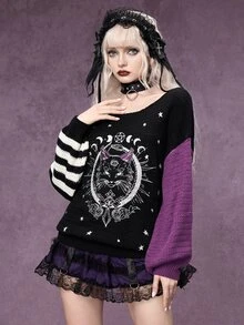 ROMWE Autumn/Winter Dark Gothic Halloween Day Of The Dead Black Cat Cross Star Moon Yin Yang Contrast Color Crew Neck Pullover Sweater - Black - View 4