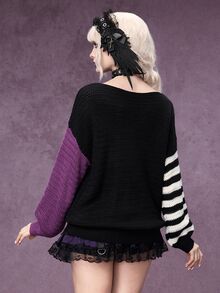 ROMWE Autumn/Winter Dark Gothic Halloween Day Of The Dead Black Cat Cross Star Moon Yin Yang Contrast Color Crew Neck Pullover Sweater - Black - View 3