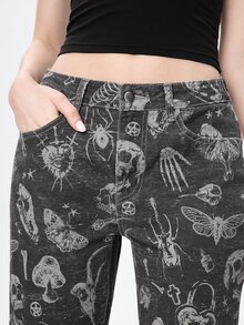 ROMWE Dark Gray Gothic Skull All-Over Print Slim Fit Stretch Denim Mid-Length Pants For Women - Dark Grey - View 7