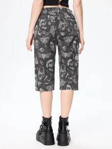 ROMWE Dark Gray Gothic Skull All-Over Print Slim Fit Stretch Denim Mid-Length Pants For Women - Dark Grey - View 2