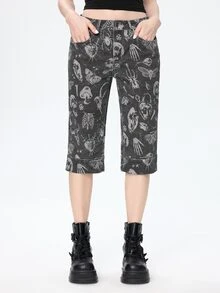 ROMWE Dark Gray Gothic Skull All-Over Print Slim Fit Stretch Denim Mid-Length Pants For Women - Dark Grey - View 6