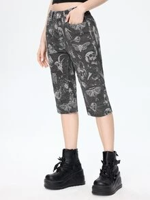 ROMWE Dark Gray Gothic Skull All-Over Print Slim Fit Stretch Denim Mid-Length Pants For Women - Dark Grey - View 5