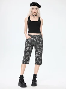 ROMWE Dark Gray Gothic Skull All-Over Print Slim Fit Stretch Denim Mid-Length Pants For Women - Dark Grey - View 1