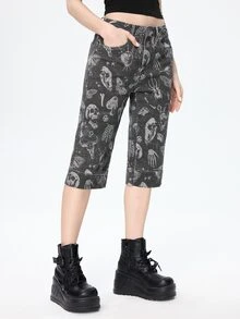 ROMWE Dark Gray Gothic Skull All-Over Print Slim Fit Stretch Denim Mid-Length Pants For Women - Dark Grey - View 3