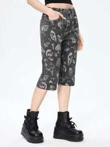 ROMWE Dark Gray Gothic Skull All-Over Print Slim Fit Stretch Denim Mid-Length Pants For Women - Dark Grey - View 4