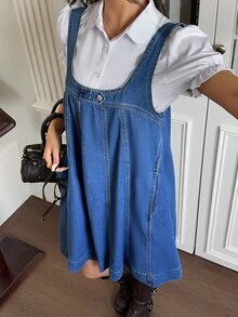 Rivivi Fashionable Button Versatile Loose Washed Denim Dress - Dark Wash - View 8