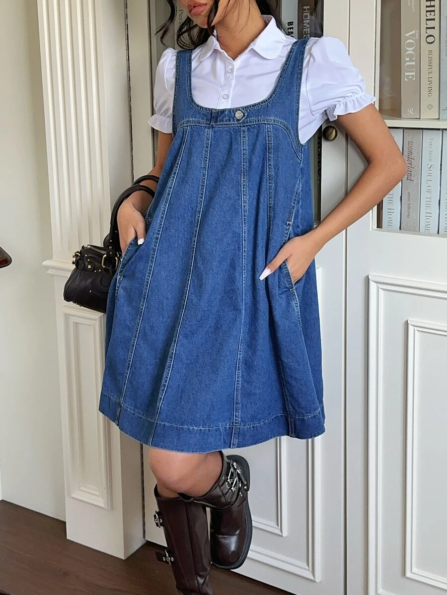 Rivivi Fashionable Button Versatile Loose Washed Denim Dress - Dark Wash - View 1