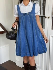 Rivivi Fashionable Button Versatile Loose Washed Denim Dress - Dark Wash - View 5