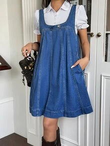 Rivivi Fashionable Button Versatile Loose Washed Denim Dress - Dark Wash - View 4