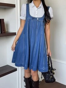 Rivivi Fashionable Button Versatile Loose Washed Denim Dress - Dark Wash - View 3
