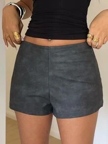 Aloruh 女款秋季新款性感低腰彈性針織PU迷你短褲，冬季基礎短褲 - 黑色 - 查看 3