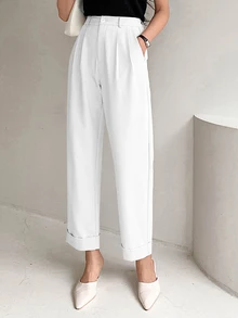 DAZY High Waist Plicated Detail Roll Up Hem Trousers - White - View 7