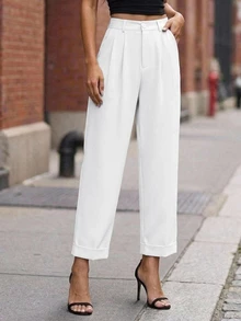 DAZY High Waist Plicated Detail Roll Up Hem Trousers - White - View 4