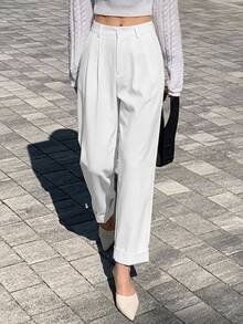 DAZY High Waist Plicated Detail Roll Up Hem Trousers - White - View 5