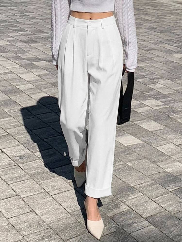 DAZY High Waist Plicated Detail Roll Up Hem Trousers - White - View 5