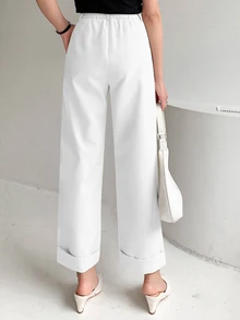 DAZY High Waist Plicated Detail Roll Up Hem Trousers - White - View 6