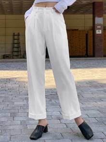 DAZY High Waist Plicated Detail Roll Up Hem Trousers - White - View 3