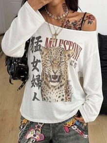 Coolane 女款大尺碼秋冬優雅街頭風 Y2K 休閒寬鬆不對稱領長袖白色豹紋 T-shirt - 白色 - 查看 8