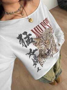 Coolane 女款大尺碼秋冬優雅街頭風 Y2K 休閒寬鬆不對稱領長袖白色豹紋 T-shirt - 白色 - 查看 4