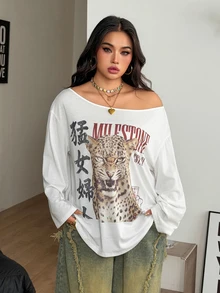 Coolane 女款大尺碼秋冬優雅街頭風 Y2K 休閒寬鬆不對稱領長袖白色豹紋 T-shirt - 白色 - 查看 5