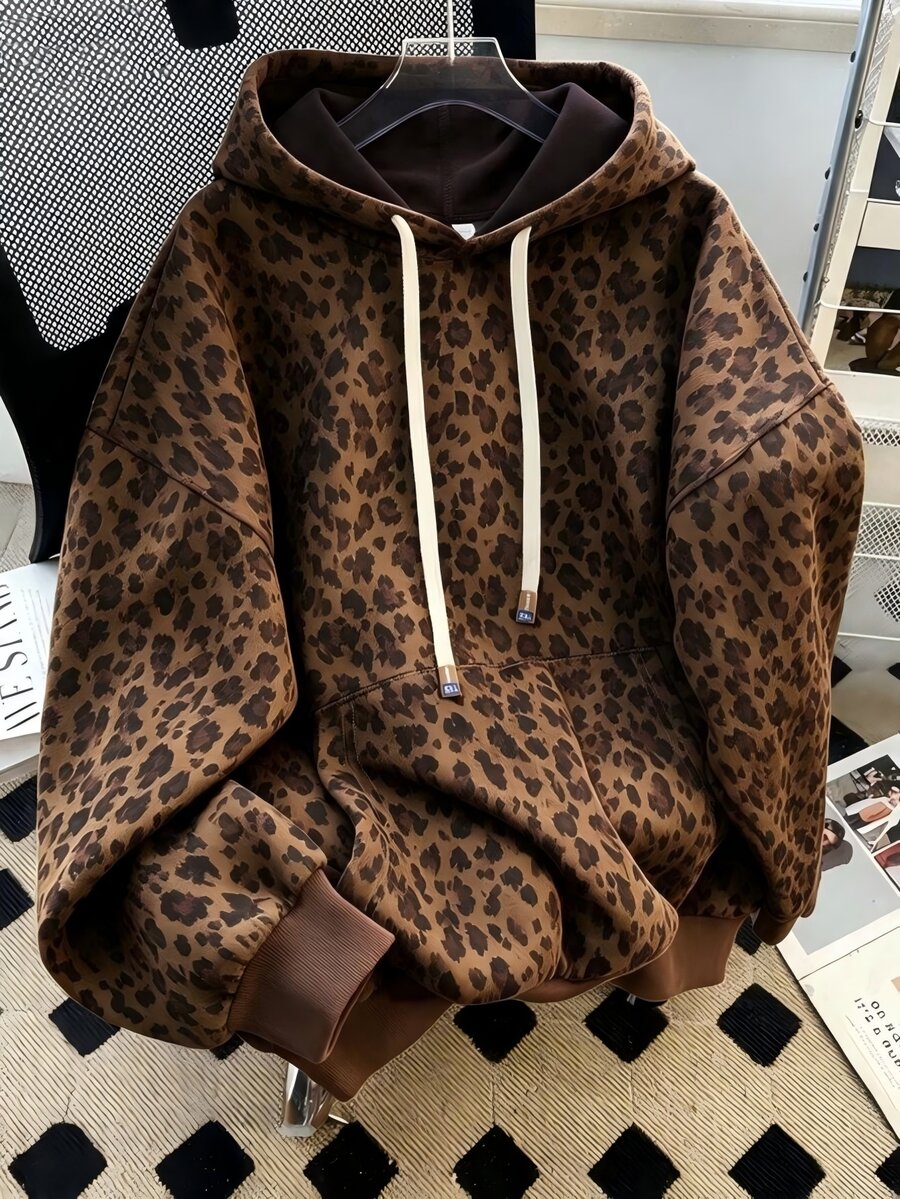 INAWLY Women's Leopard Print Hooded Sweatshirt - Coffee Brown - View 1