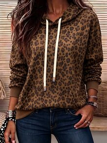 INAWLY Women's Leopard Print Hooded Sweatshirt - Coffee Brown - View 3