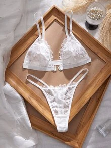 Crystal Vow 3SETS Sexy Lace Patchwork Front Closure Women's Lingerie Set - White - View 3