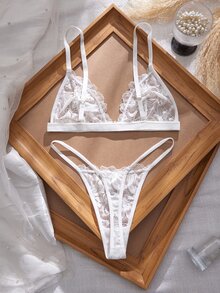 Crystal Vow 3SETS Sexy Lace Patchwork Front Closure Women's Lingerie Set - White - View 2