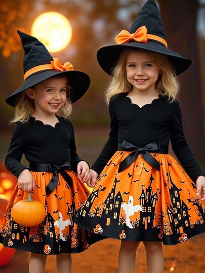 SHEIN Young Girl Young Girl Young Girl Young Girls' Print Knitted Long Sleeve Dress,Black Winter Patchwork Crew Neck Casual Dress