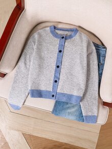 SHEIN Cardigan Rajut Pas Badan Bermotif Polkadot Warna-warni, Modis, Serbaguna, Kasual, dan Kontras untuk Remaja Perempuan di Musim Gugur/Dingin. - Grey - View 3