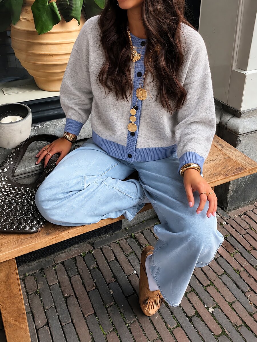 SHEIN Cardigan Rajut Pas Badan Bermotif Polkadot Warna-warni, Modis, Serbaguna, Kasual, dan Kontras untuk Remaja Perempuan di Musim Gugur/Dingin. - Grey - View 1