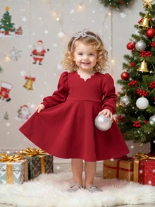 SHEIN Baby Girl Solid Color Curved V-Neck Long Sleeve Cute Party Dress - Red - View 9