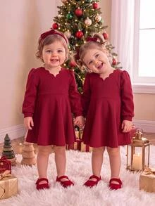 SHEIN Baby Girl Solid Color Curved V-Neck Long Sleeve Cute Party Dress - Red - View 1