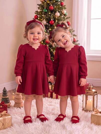 SHEIN Baby Girl Solid Color Curved V-Neck Long Sleeve Cute Party Dress