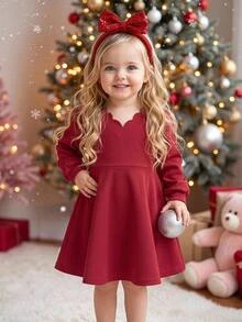 SHEIN Baby Girl Solid Color Curved V-Neck Long Sleeve Cute Party Dress - Red - View 2