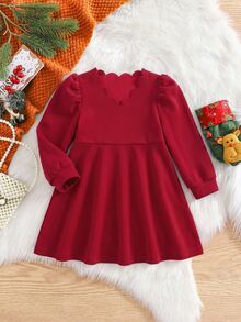 SHEIN Baby Girl Solid Color Curved V-Neck Long Sleeve Cute Party Dress - Red - View 4
