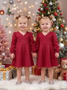 SHEIN Baby Girl Solid Color Curved V-Neck Long Sleeve Cute Party Dress - Red - View 3