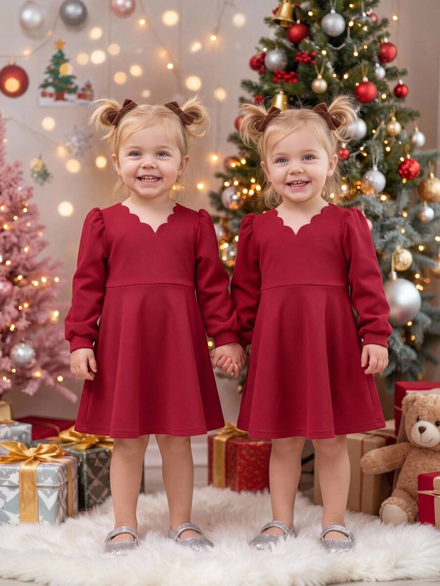 SHEIN Baby Girl Solid Color Curved V-Neck Long Sleeve Cute Party Dress - Red - View 1