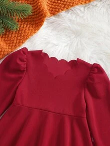 SHEIN Baby Girl Solid Color Curved V-Neck Long Sleeve Cute Party Dress - Red - View 7