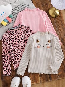 SHEIN Baju Dalaman Lengan Panjang Rajut Elastis Warna Polos untuk Anak Perempuan, Model Kasual, Banyak Pilihan, Pcs - MultiWarna - View 4
