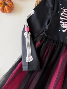 SHEIN 兒童小女孩萬聖節骷髏印花網紗下擺洋裝 - 彩色 - 查看 9