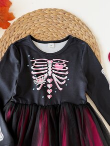 SHEIN 兒童小女孩萬聖節骷髏印花網紗下擺洋裝 - 彩色 - 查看 8