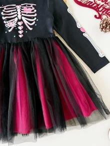SHEIN 兒童小女孩萬聖節骷髏印花網紗下擺洋裝 - 彩色 - 查看 10
